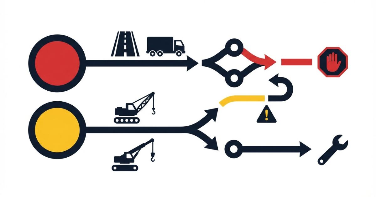 赤黄の危険度と走行可否と作業可否を切り分けて判断する流れを示す図解