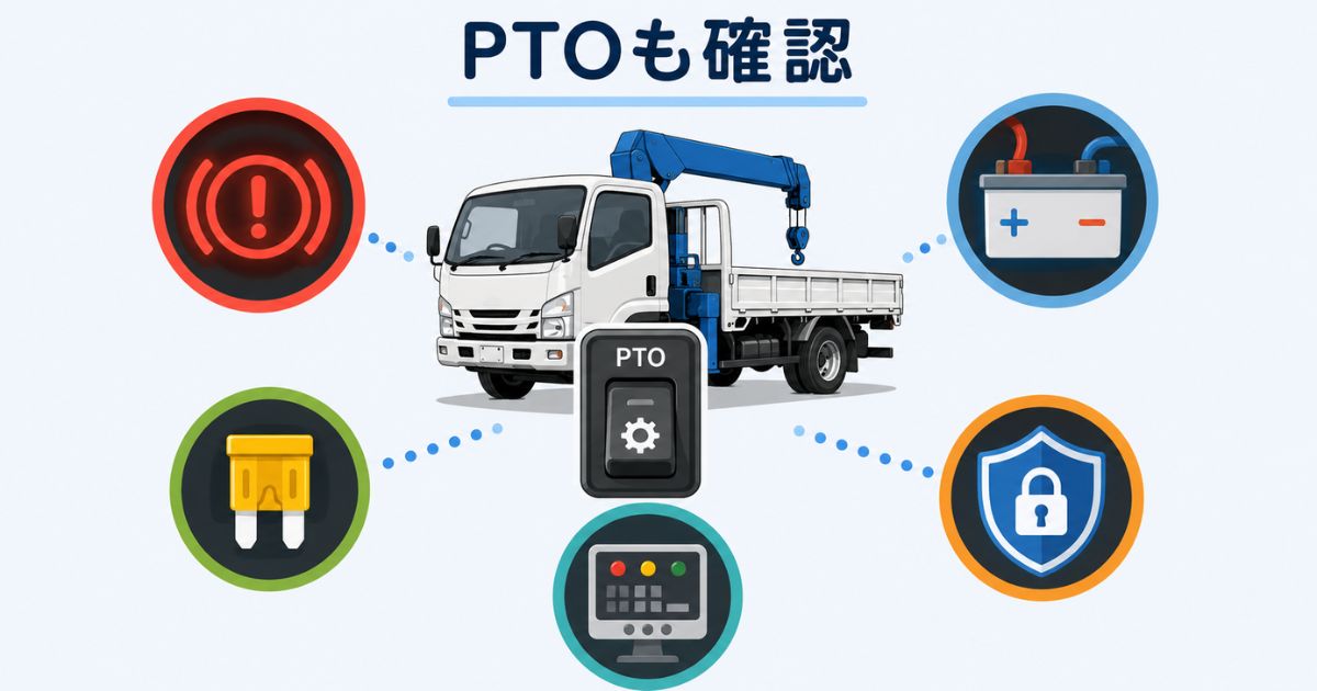 PTOが入らない時に警告灯やヒューズや安全装置を確認する流れを示す図解