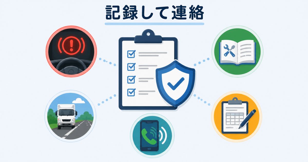 警告灯点灯時に安全確認と記録と連絡を行う流れを示す図解