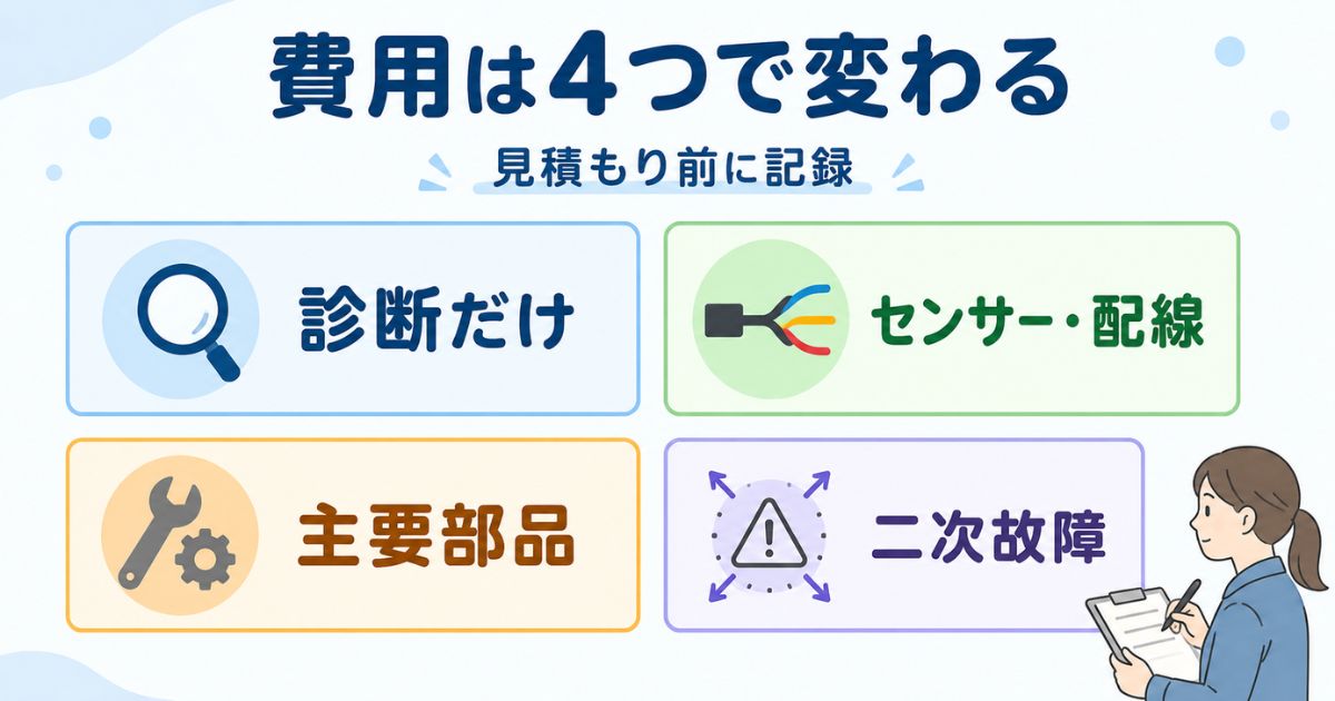 トラックの警告灯点灯後の点検修理費用が診断、センサー配線、主要部品、二次故障で変わることを示す図解