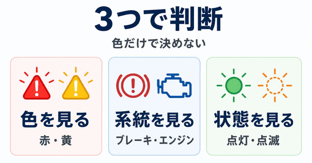 トラックの警告灯を色、系統、点灯状態の3つで判断する考え方を示す図解
