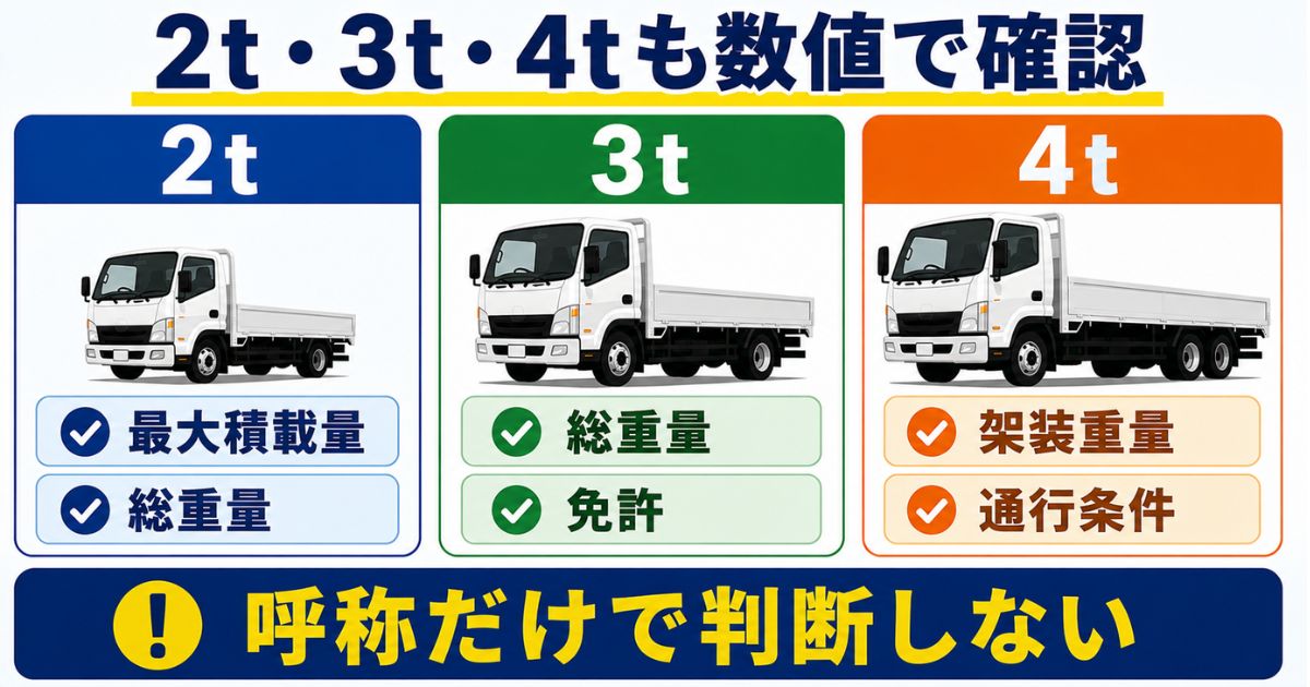 2t・3t・4tトラックを呼称だけで判断せず最大積載量や総重量を確認する比較図解