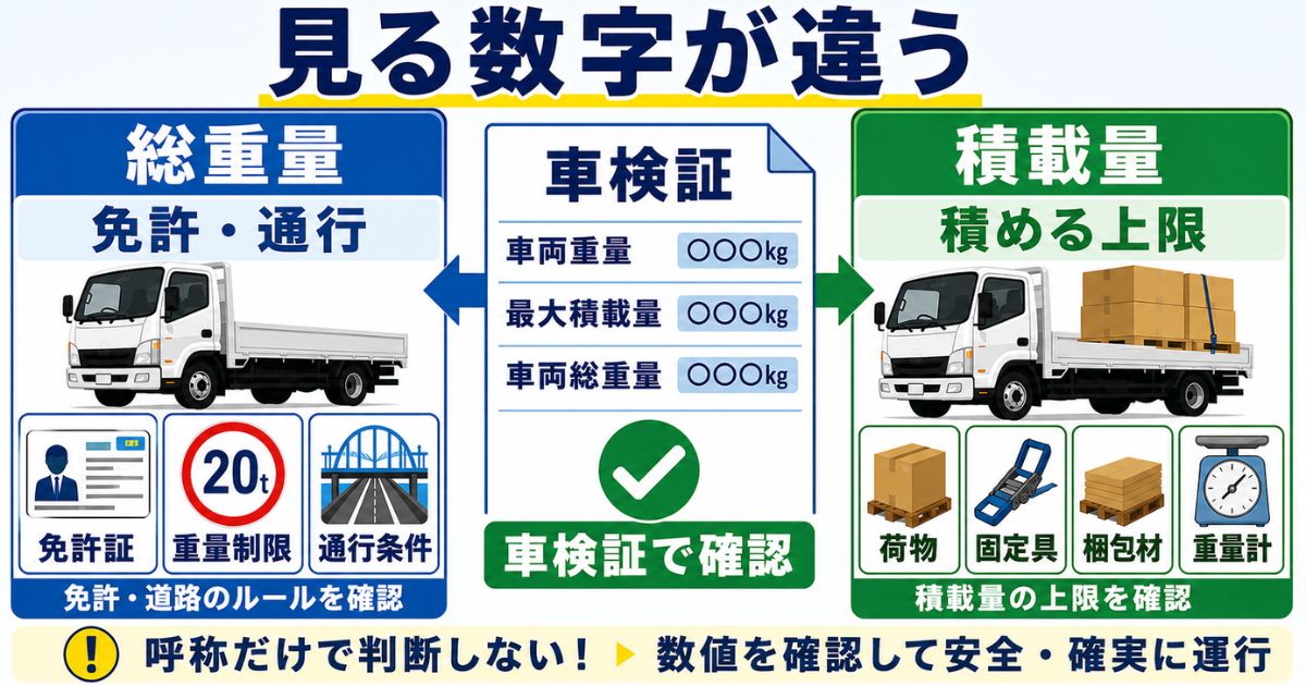 車両総重量は免許と通行条件、最大積載量は積載可否で確認する判断軸の図解