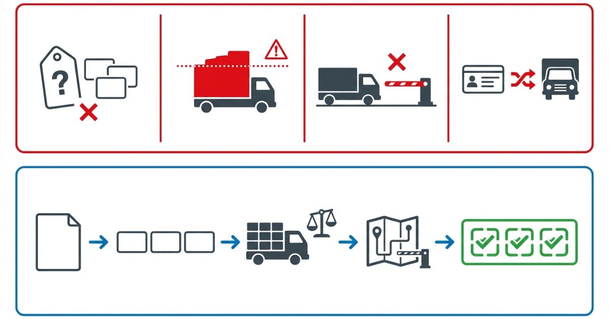 呼称の思い込みや過積載・通行条件・運転可否の確認不足による失敗リスクを示す図解