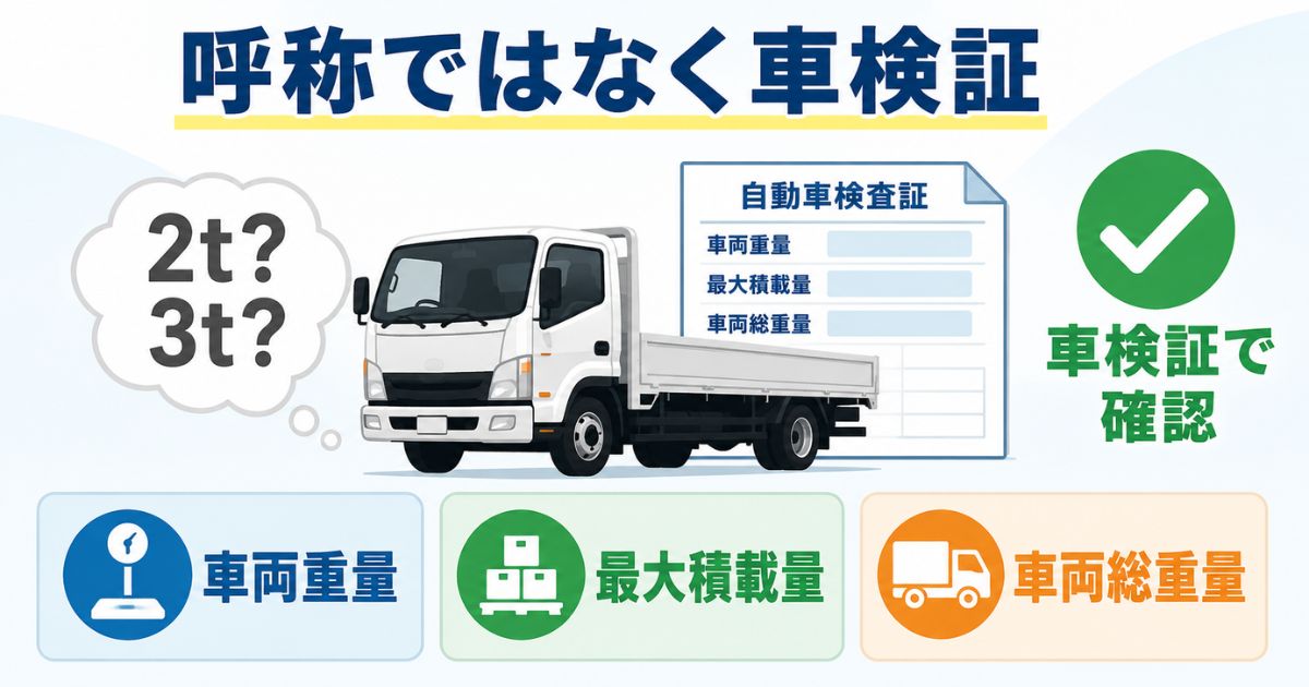 トラックの重さは呼称ではなく車検証の車両重量・最大積載量・車両総重量で確認する図解