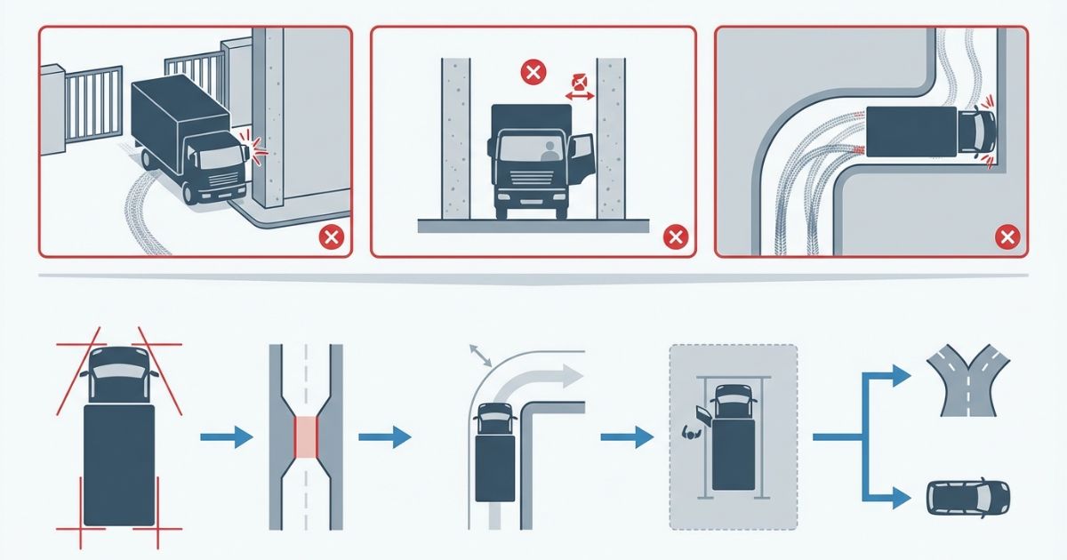 入口だけで判断する失敗や駐車場での作業不可などのリスクと回避手順を示す図解