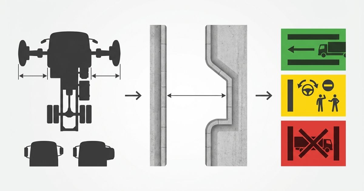 最大幅（最外端）と現場の有効幅を比較して可否を判断する考え方の図解