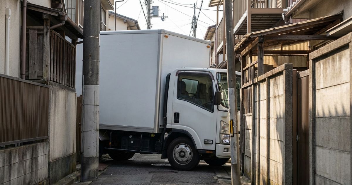 狭い路地でトラックが車幅の余裕を意識して通行する雰囲気の写真風イメージ