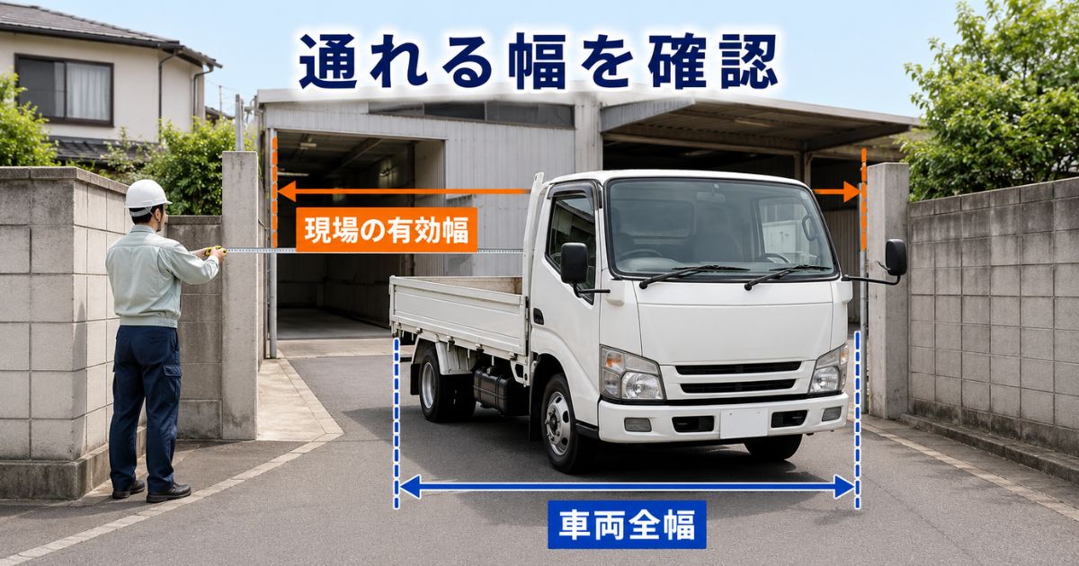 トラックの車両全幅と狭い道路や駐車場入口の有効幅を作業担当者が確認している様子