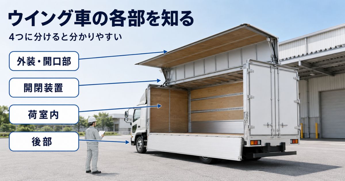 ウイング車を外装・開口部、開閉装置、荷室内、後部の4区分で示した各部名称の案内
