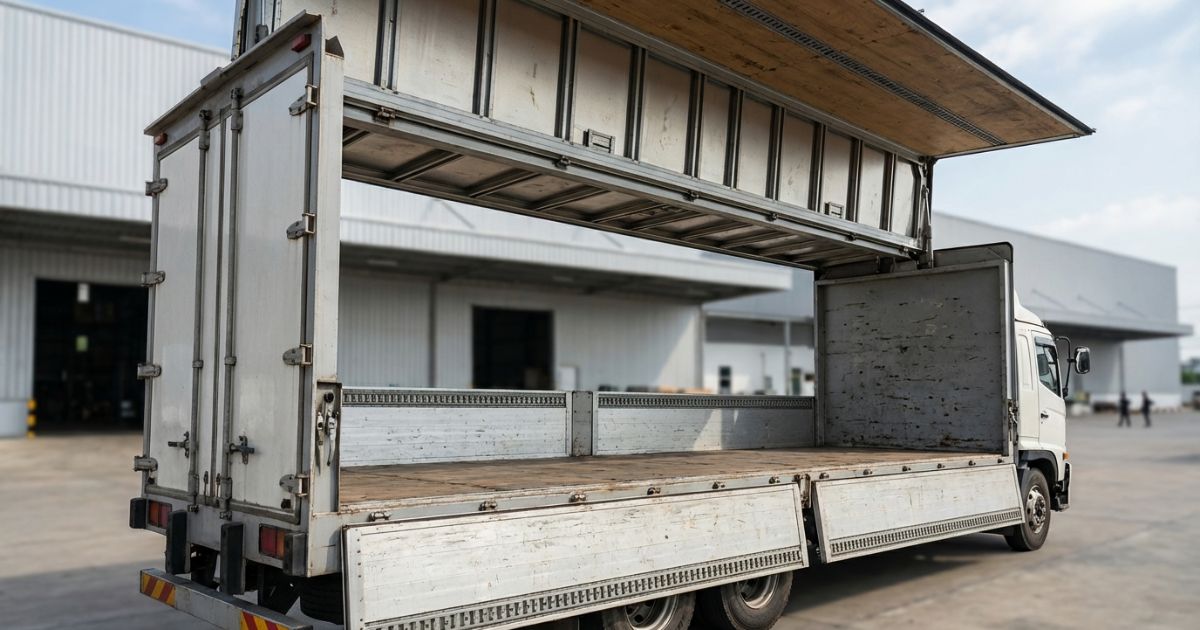ウイングトラックの側面パネルを開いた荷室の様子がわかる写真風イメージ