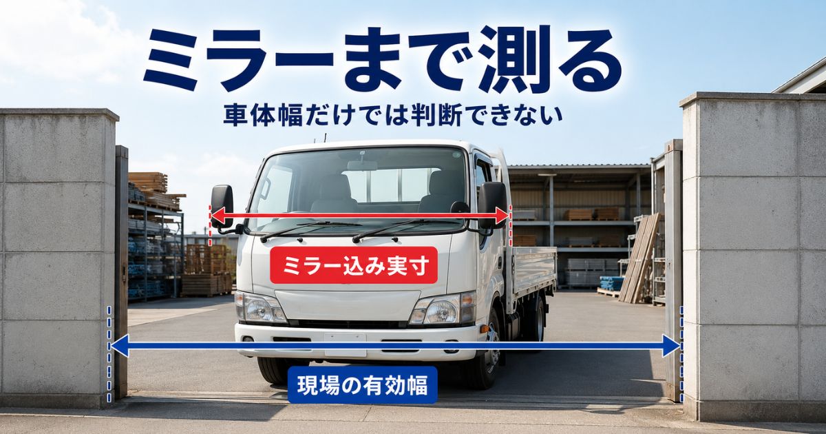 車検証の全幅だけでなくミラー込み実寸と現場の有効幅を確認するトラックの進入判断