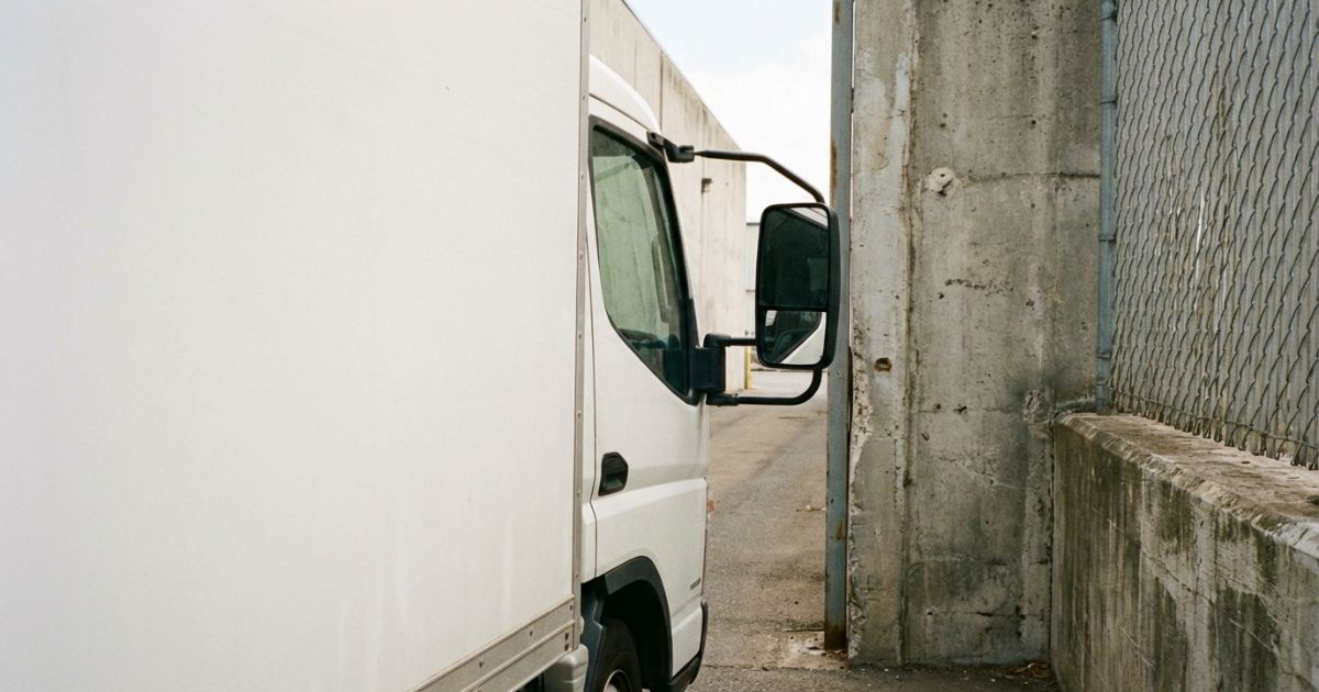 狭い搬入路でトラックのサイドミラーが張り出し、横幅はミラー込みの実寸で判断すべき状況