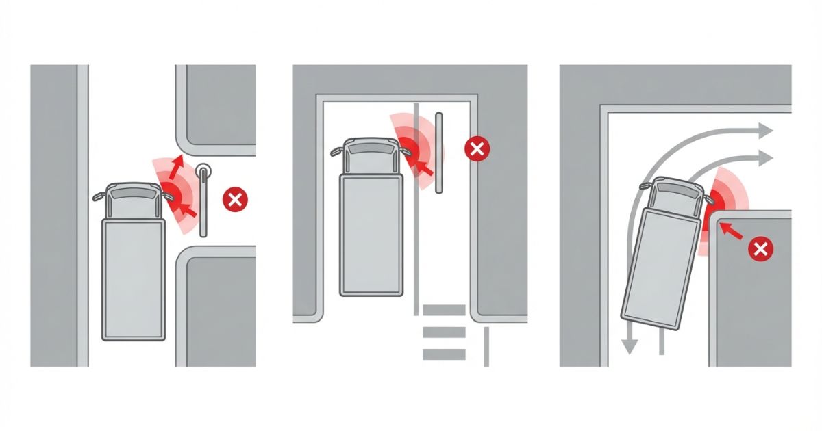 入口だけで判断してミラーが当たるなど横幅確認の失敗パターンとリスクを示す図解