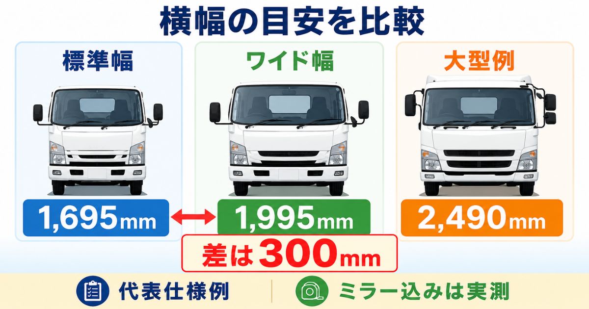 標準幅1695mm、ワイド幅1995mm、大型例2490mmの代表的な横幅を比較した図解