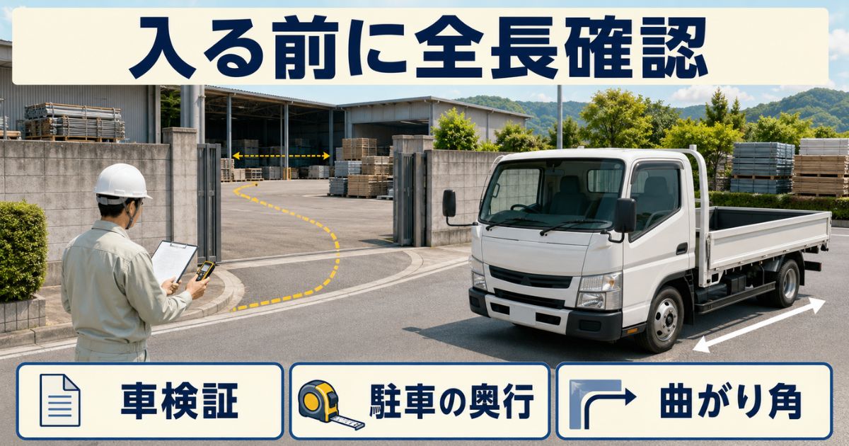 トラックの全長を車検証で確認し駐車場所の奥行と曲がり角を事前に測る場面