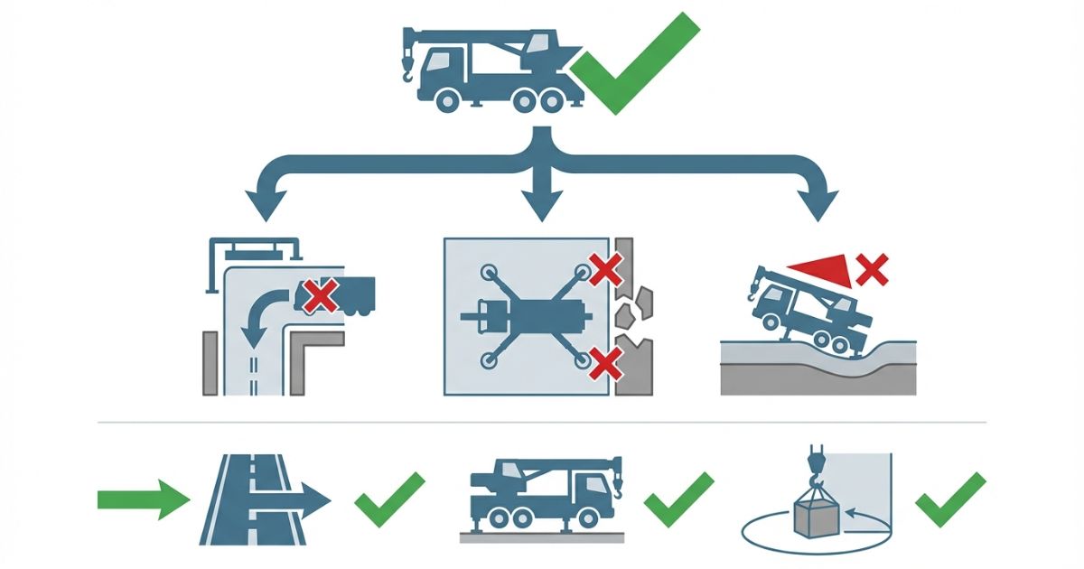 性能だけで導入して起きる失敗（進入不可・設置不可・地盤不安定）と回避の確認順を示す文字なし図解