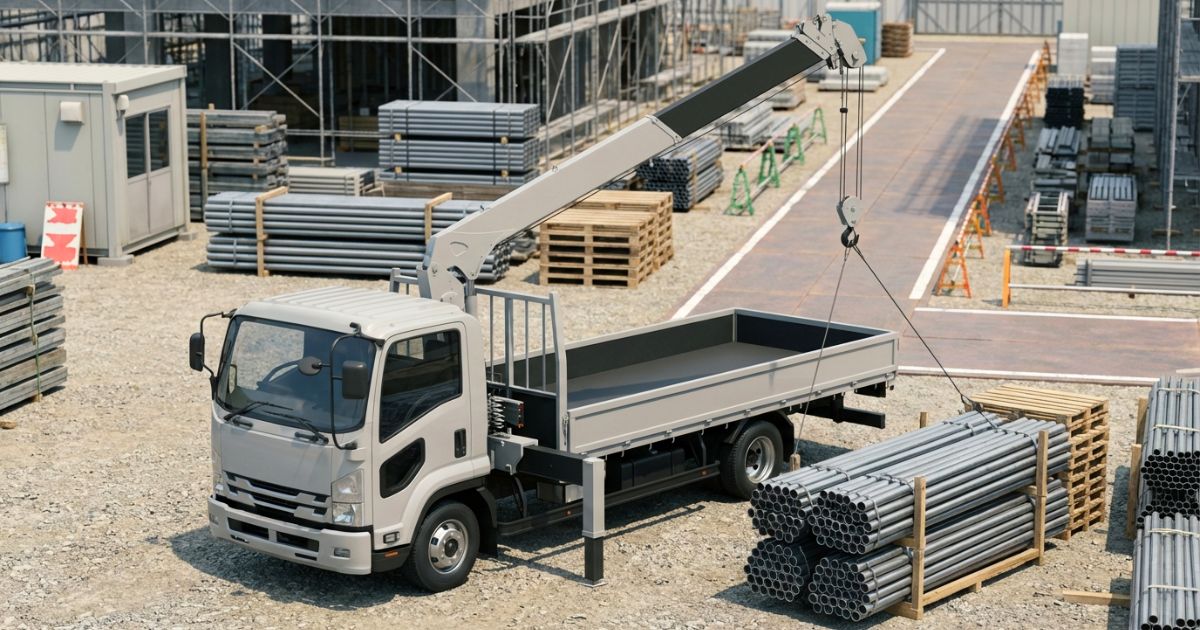 4tクラスのクレーン付きトラックが主力として稼働する現場のイメージ
