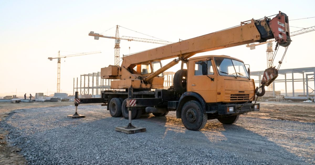 大型クレーン付きトラックが大規模現場で設置している全景（進入・設置条件を想起できる写真）