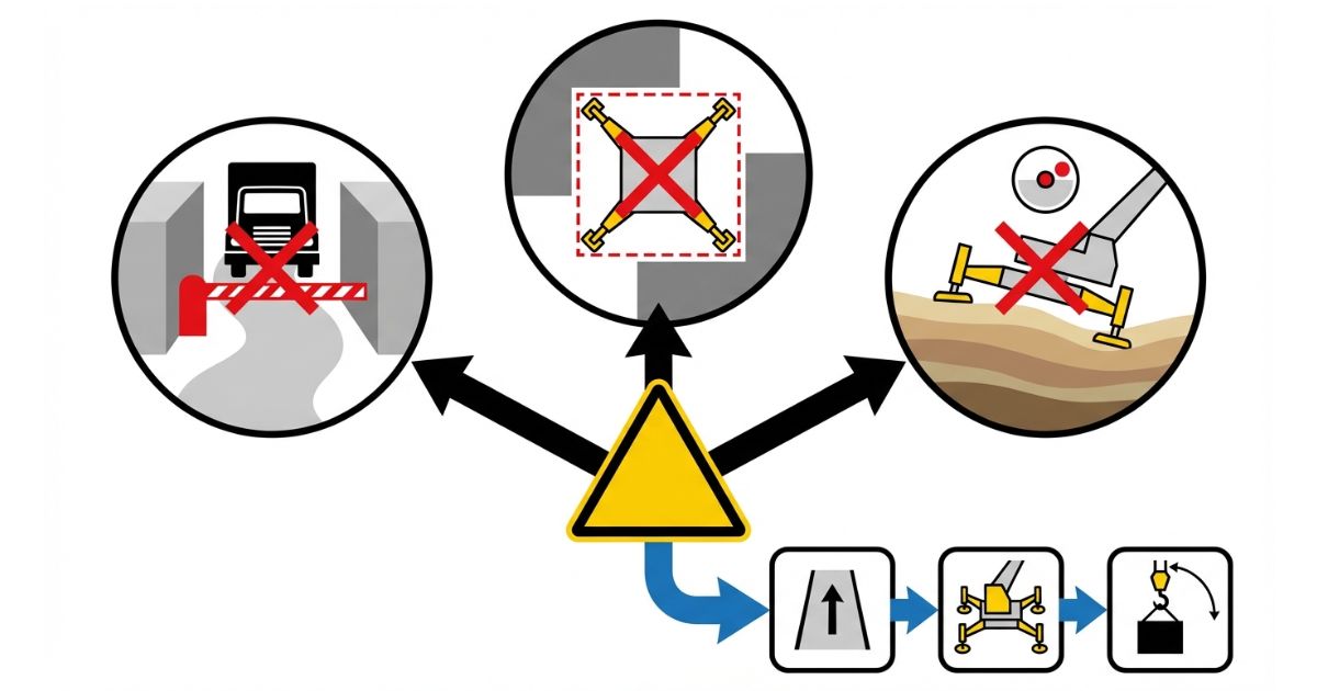 能力だけで決めて失敗する典型(進入不可・アウトリガー不足・地盤沈下)を示す文字なし図解