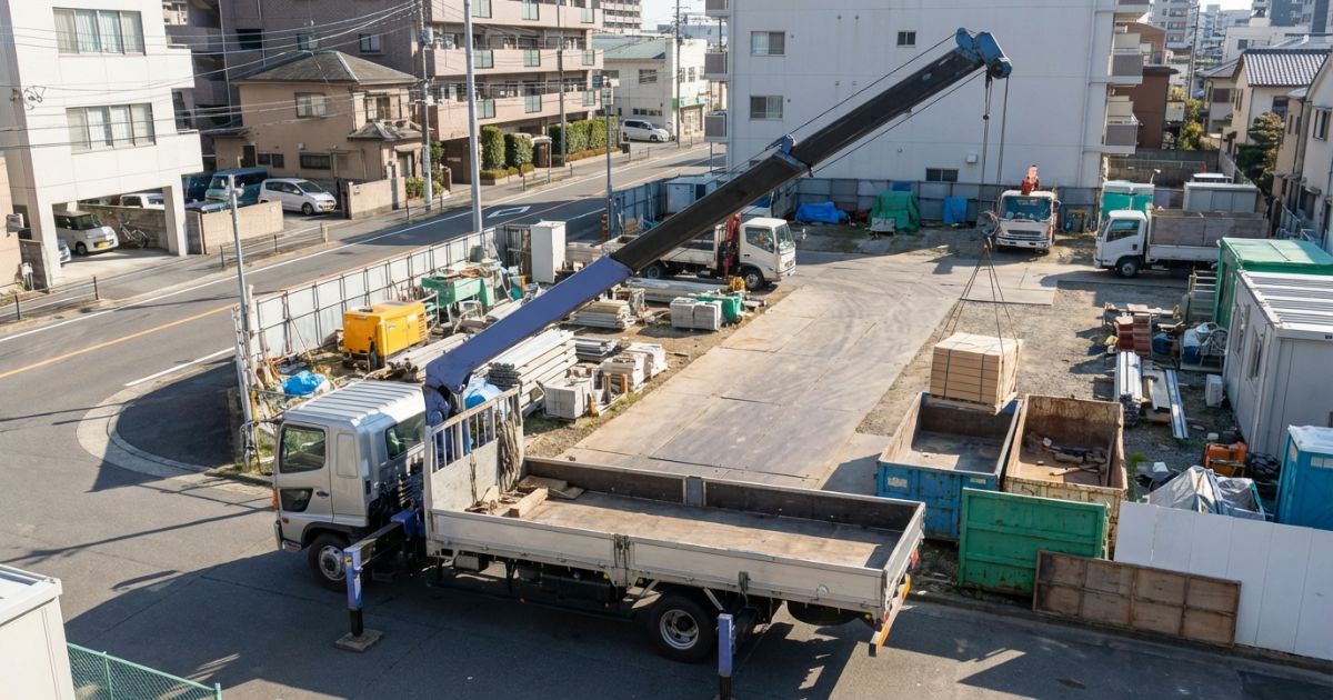 運搬と吊りを一台で回すトラッククレーンが向いている中小規模現場のイメージ写真
