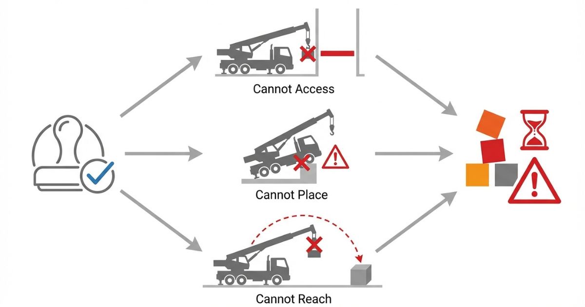 進入できない置けない届かないで手配ミスになるリスク分岐を示す文字なし図解