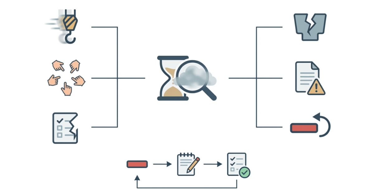 焦りと思い込みによる典型ミスが事故違反中断に連鎖する構図を示す文字なし図解
