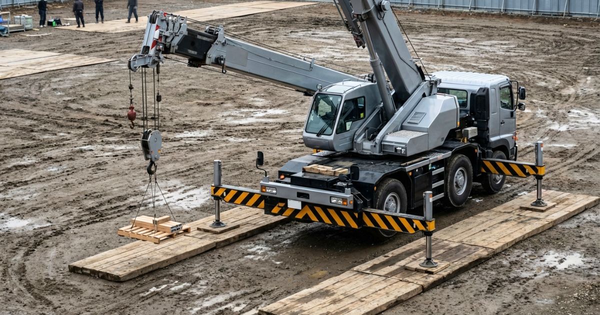 トラッククレーンの安全装置と作業前点検を想起させる現場イメージ写真