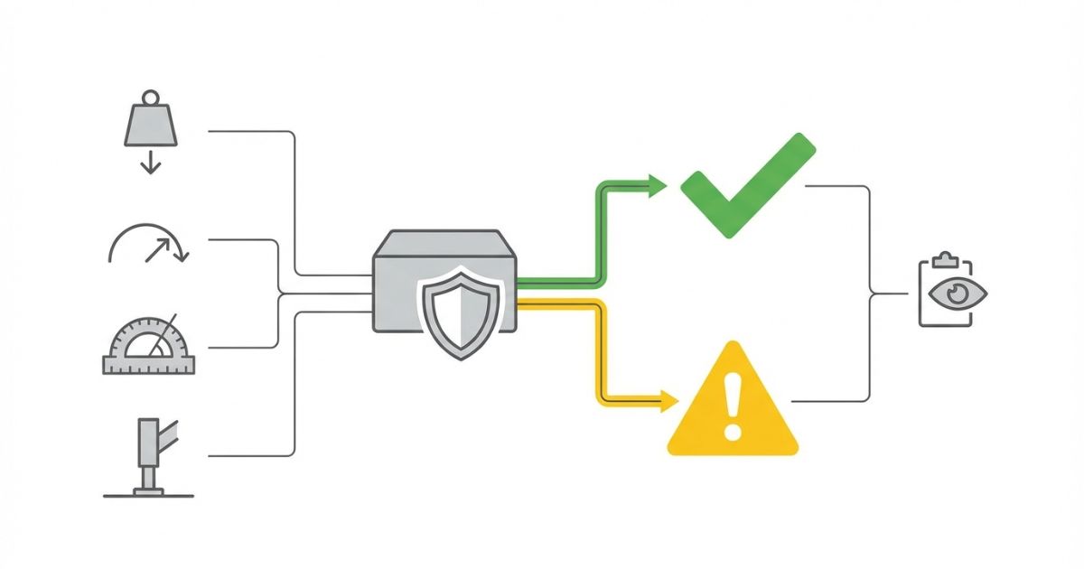 過負荷防止装置は条件付きで信用し人の判断と点検が前提であることを示す文字なし図解