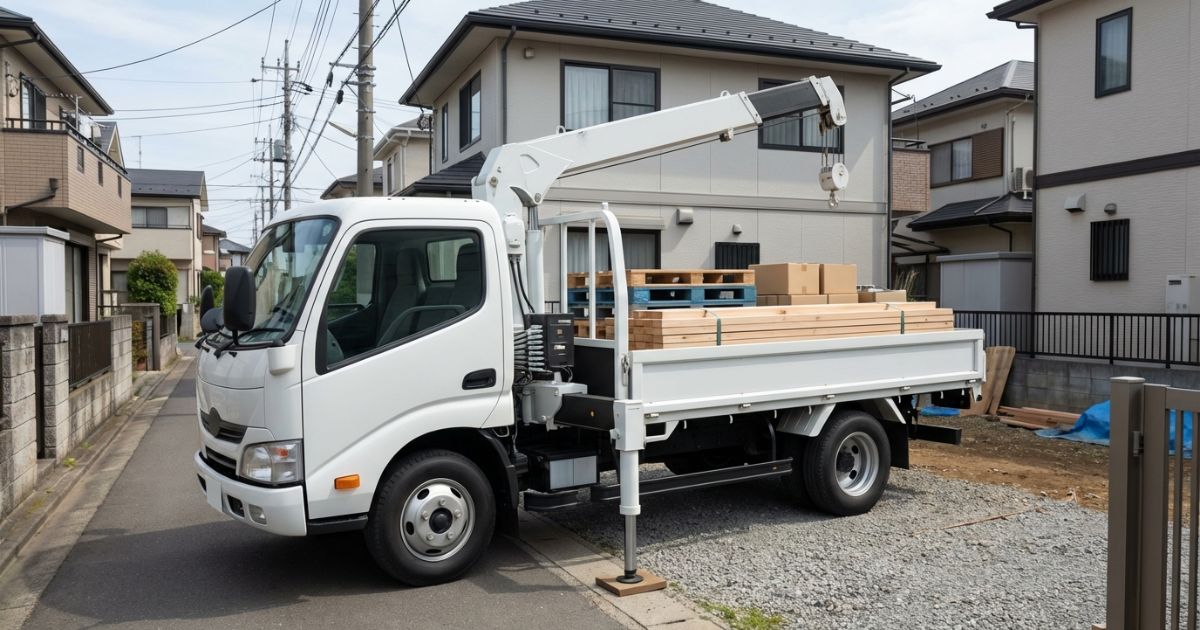 2tクラスのクレーン付きトラックの現場利用イメージが伝わる写真