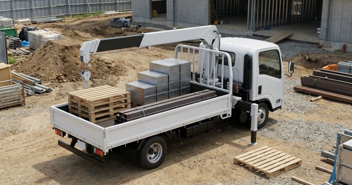 3tクラスのクレーン付きトラックで吊り作業と運搬を両立する現場イメージ写真