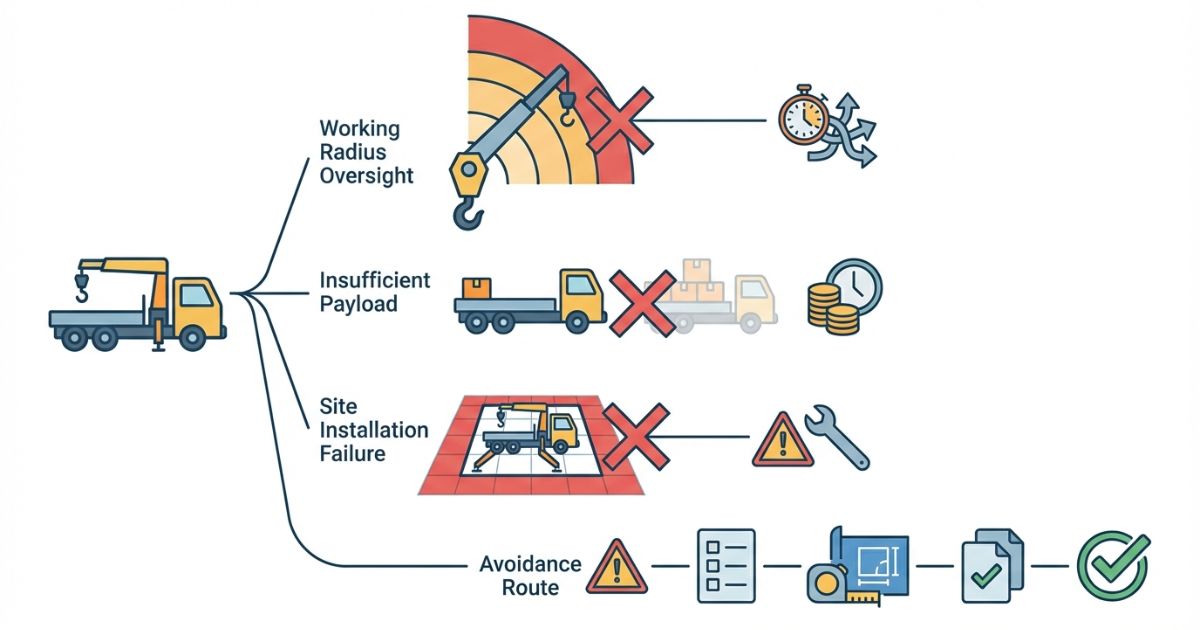 3t導入で起きやすい半径見落としや残積載不足や設置制約の失敗分岐を示す図解
