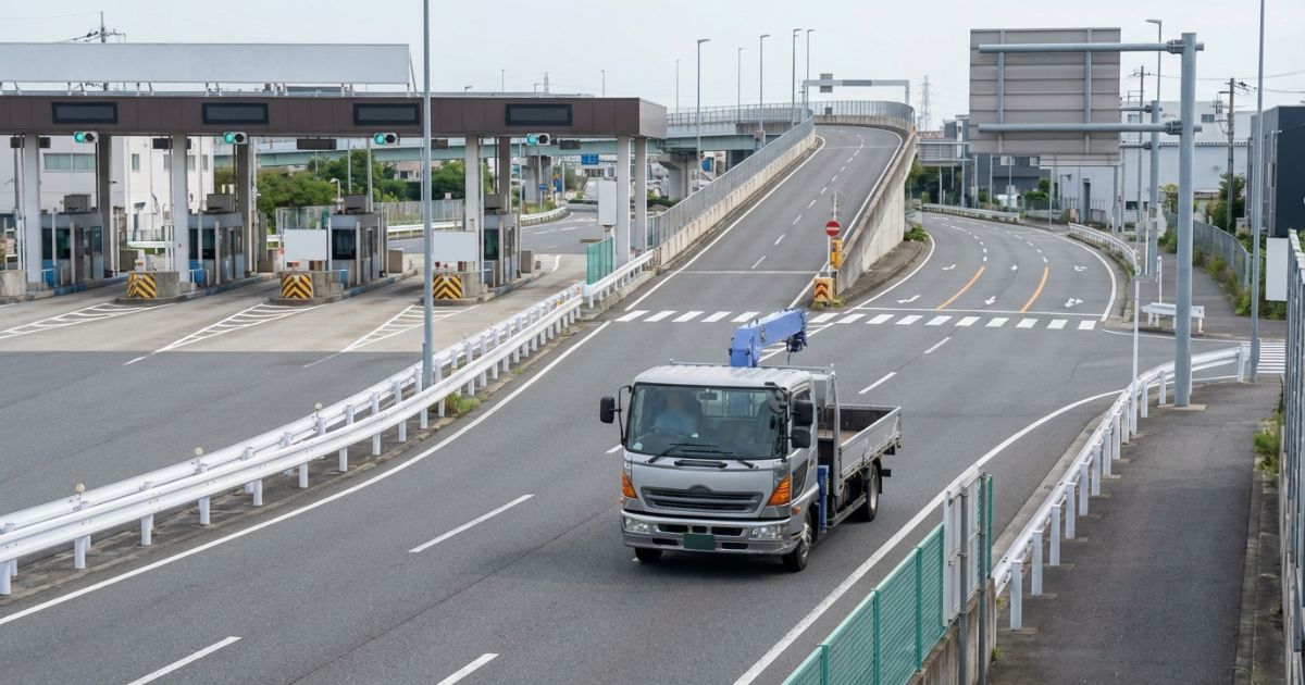 クレーン付きトラックが公道を走行する様子（車両制限と法的ルールのイメージ）