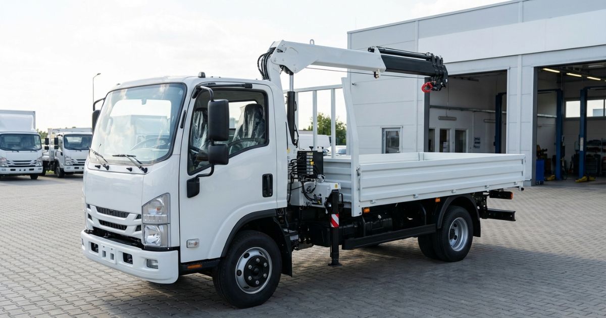 クレーン付きトラックの新車を購入検討している展示ヤードの雰囲気写真