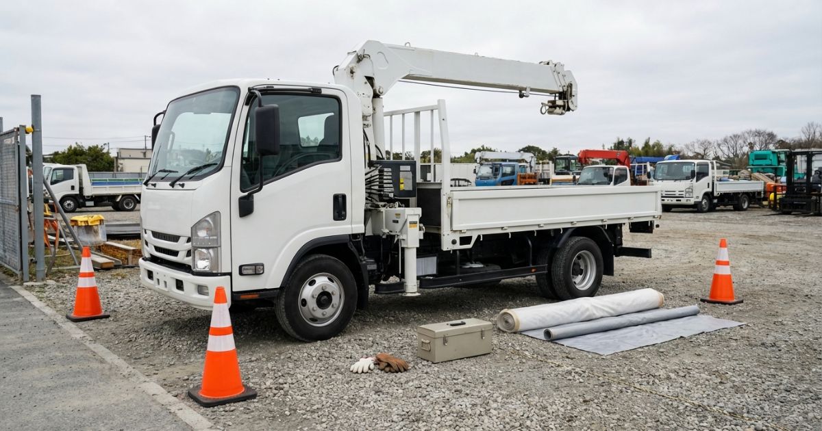 クレーン付きトラックをレンタル手配して現場投入する前の雰囲気写真