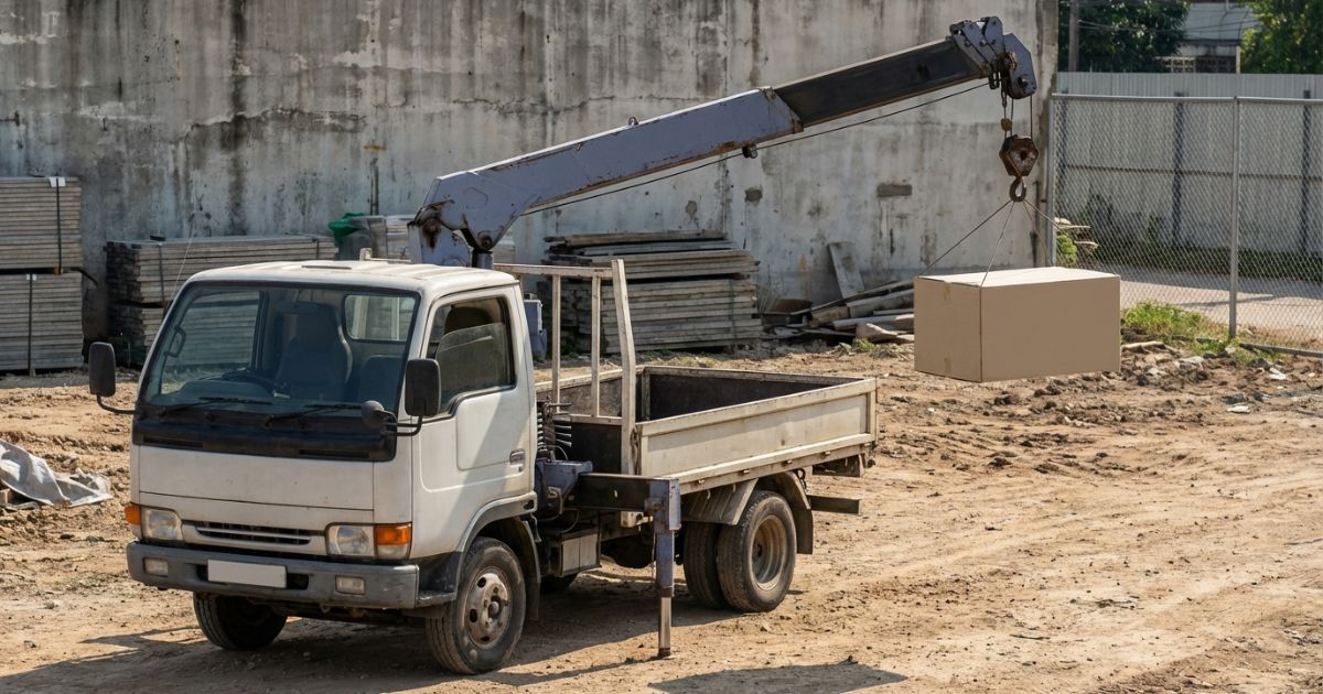 クレーン付きトラックの作業半径と現場の距離感を直感的に伝える写真