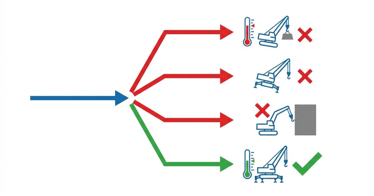 作業半径の読み違いで起きる届かない吊れない設置できないなどの失敗分岐を示す文字なし図解