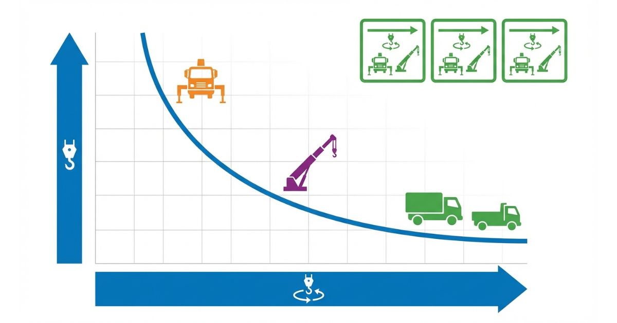 性能表は作業半径×実吊り能力で比較するという判断軸を示す文字なし図解
