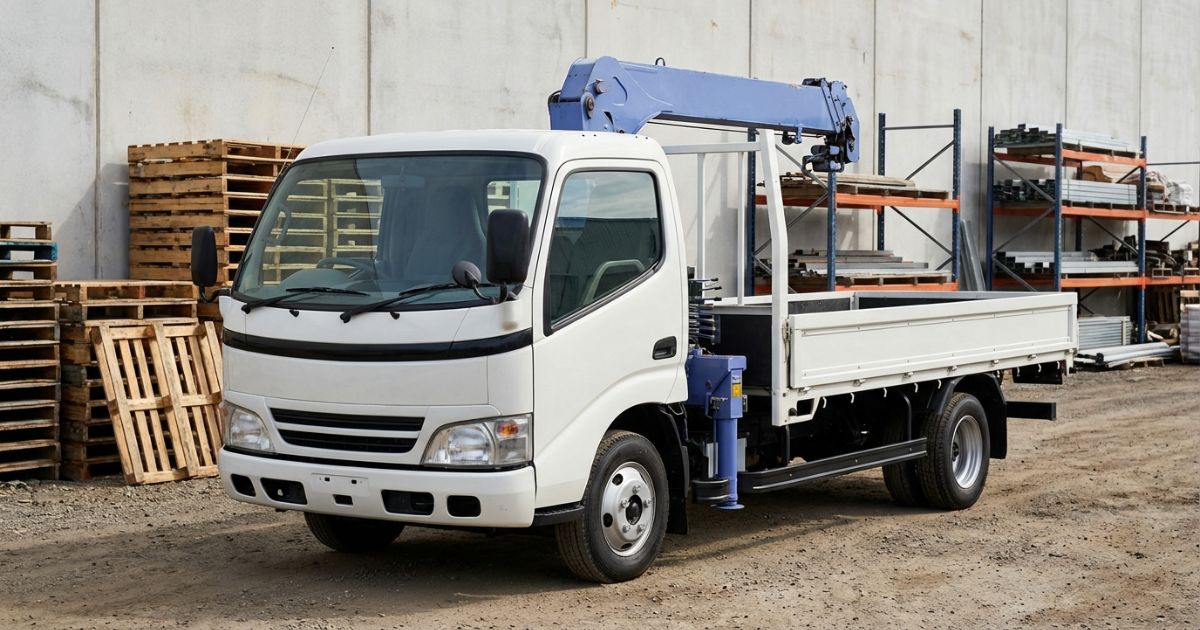 クレーン付きトラックの現場イメージと性能表の文脈を想起できる写真