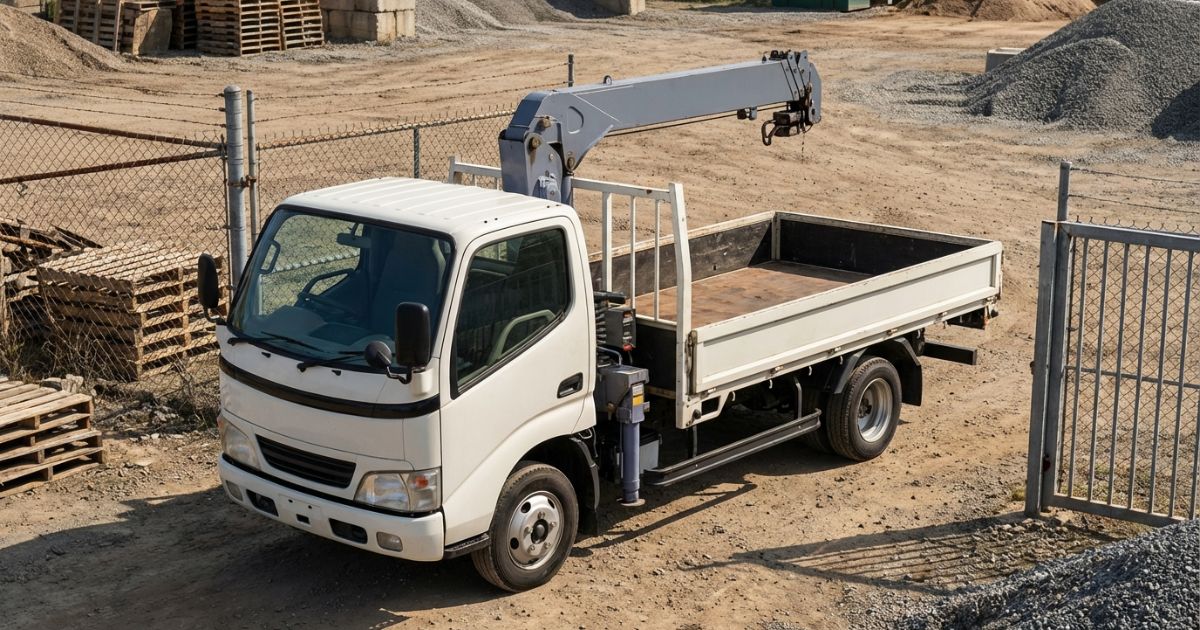 クレーン付きトラックの全体像と仕様確認を連想できる現場イメージ写真