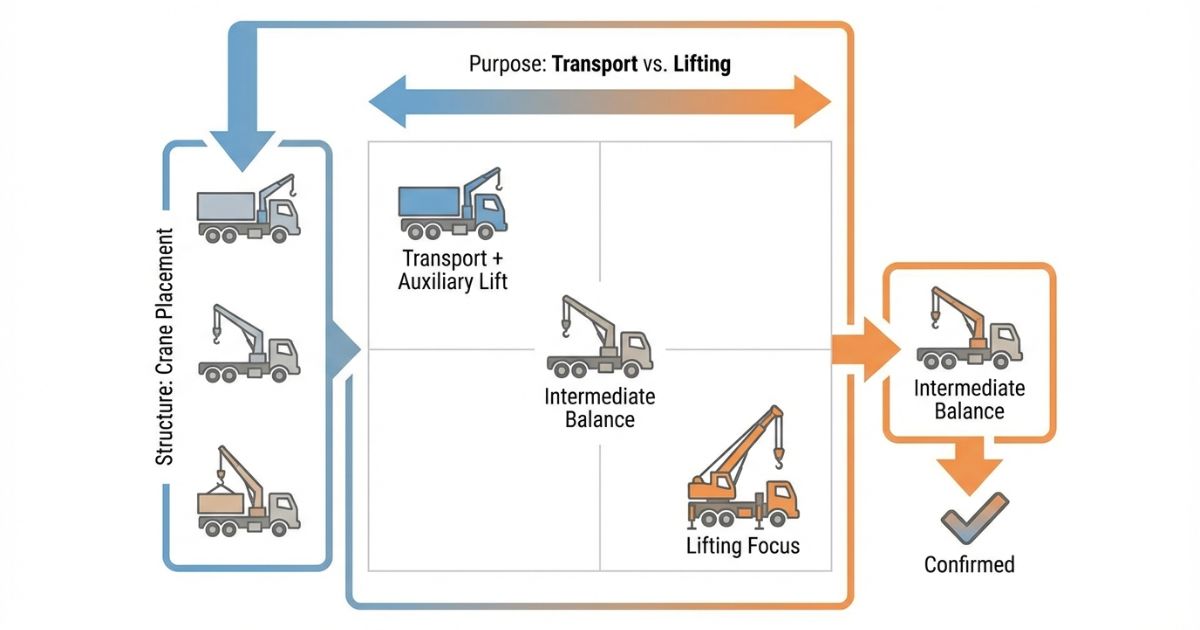 クレーン付きトラックの種類は構造×用途で整理すると迷わないことを示す文字なし図解