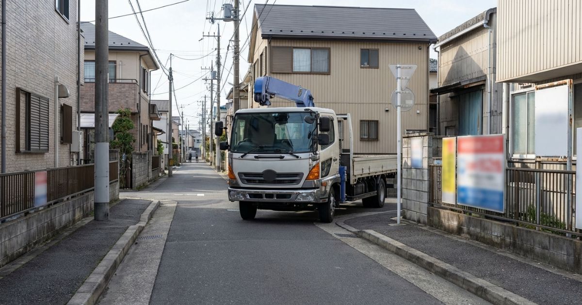 クレーン付きトラックのサイズ感と狭い進入路での取り回しイメージ