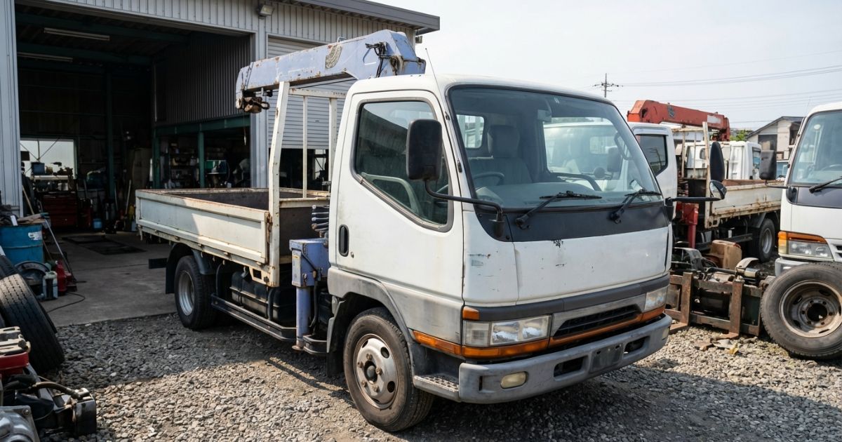 中古のクレーン付きトラックを現車で比較検討している雰囲気の写真