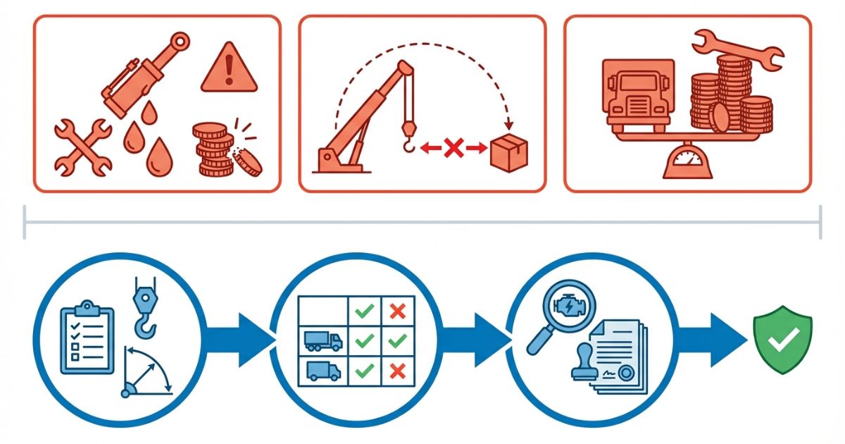 中古クレーン付きトラック購入で起きやすい失敗例と回避手順を示す図解