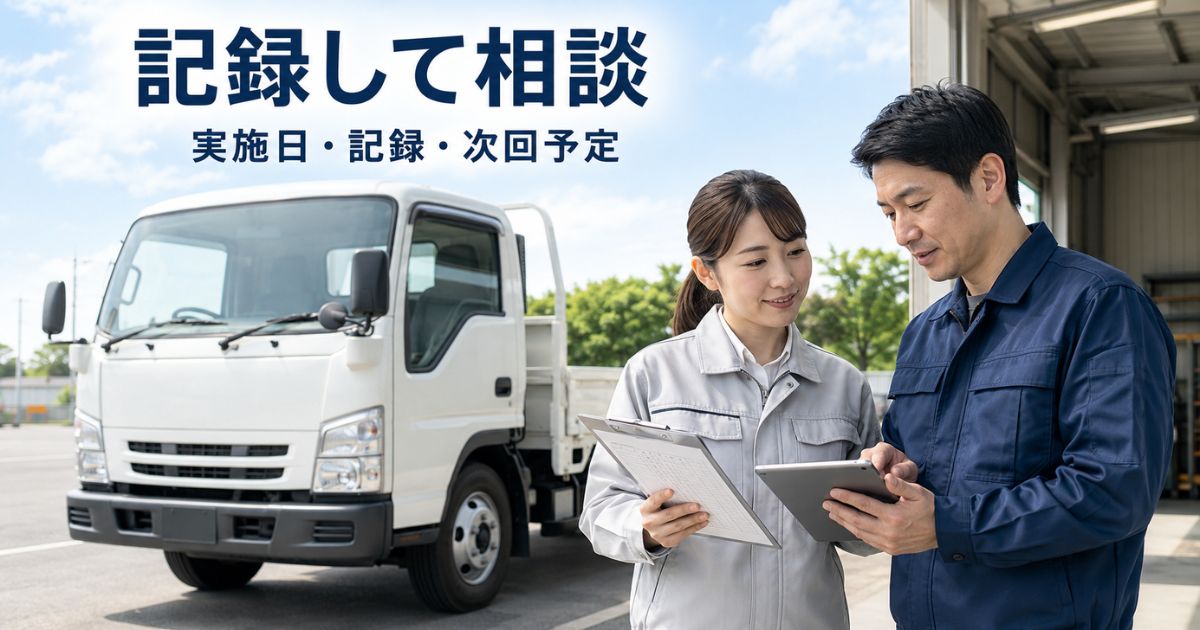 トラックの法定点検後に記録を確認して整備工場へ相談している写真風画像