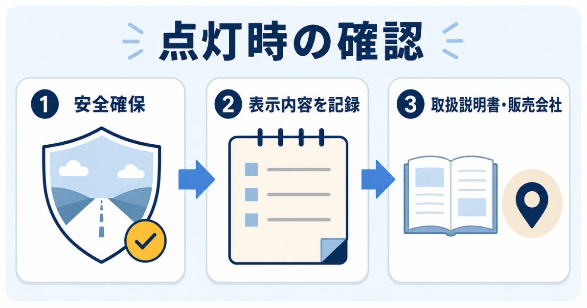 点灯時に安全確保・表示内容の記録・取扱説明書と販売会社の確認へ進む流れ