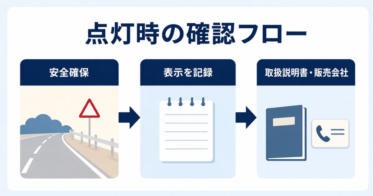 警告灯点灯時に安全確保・表示記録・取扱説明書や販売会社確認へ進むフロー