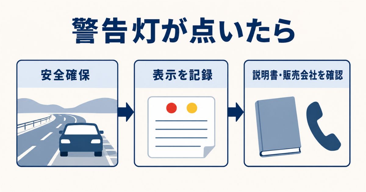 警告灯点灯時に安全確保・表示記録・取扱説明書や販売会社確認へ進むフロー
